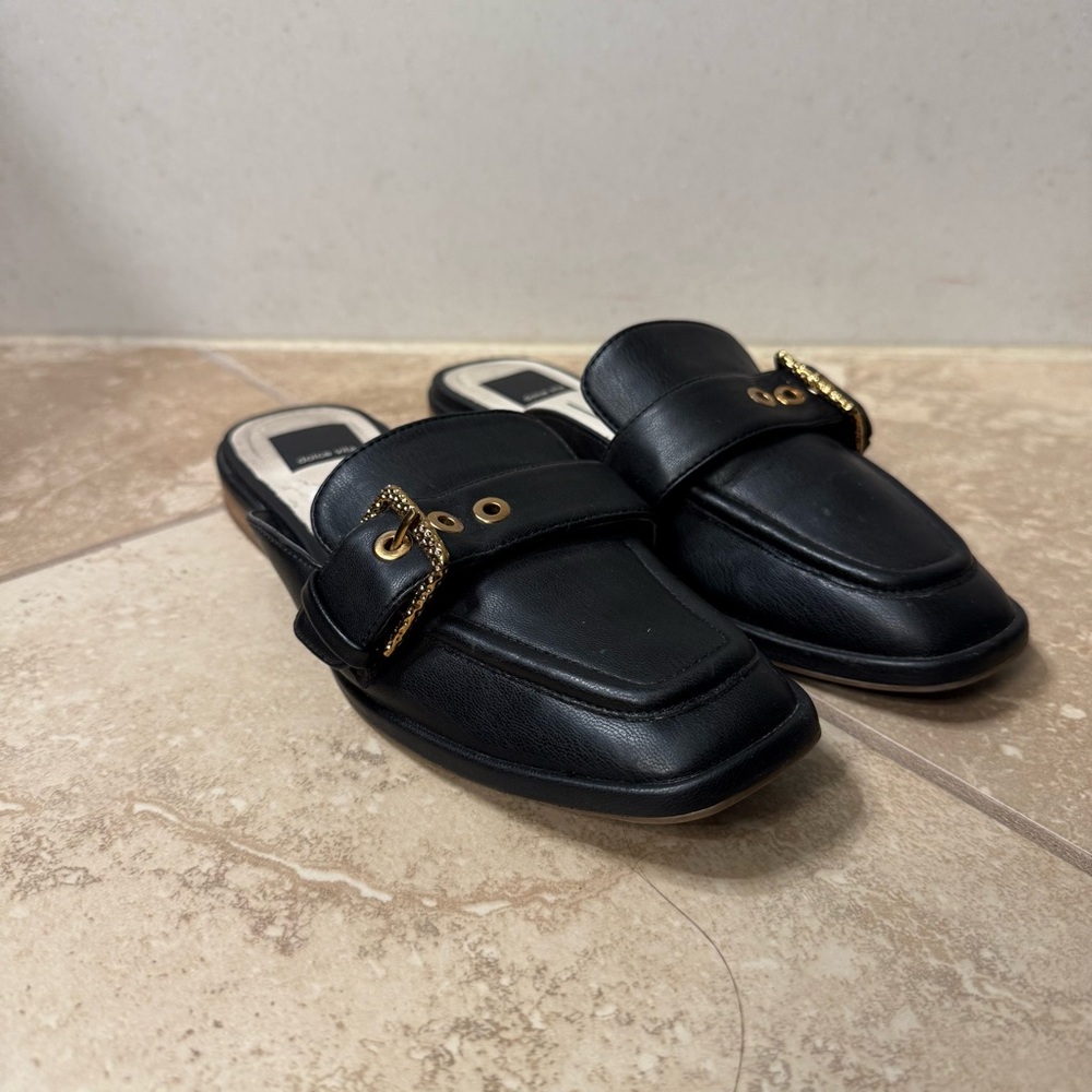 Black Leather Mules with Gold Chain Detail